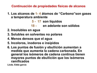 Continuación de propiedades físicas de alcanos 1. Los alcanos de  1- 4  átomos de “Carbono”son gases a temperatura ambiente 5 -  17   son líquidos 18 -   en adelante son sólidos 2. Insolubles en agua 3. Solubles en solventes no polares 4. Menos densos que el agua 5. Incoloros, inodoros e insípidos 6. Los puntos de fusión y ebullición aumentan a medida que aumenta la cadena carbonada. En general los isómeros de cadena continua tienen mayores puntos de ebullición que los isómeros ramificados Licda. Edda garcía 