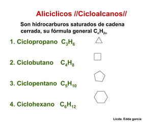 Aliciclicos //Cicloalcanos// Son hidrocarburos saturados de cadena cerrada, su fórmula general C n H 2n 1 .  Ciclopropano  C 3 H 6 2. Ciclobutano  C 4 H 8 3. Ciclopentano  C 5 H 10 4. Ciclohexano  C 6 H 12 Licda. Edda garcía 