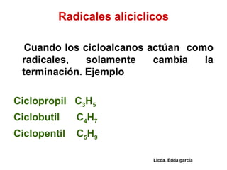 Radicales aliciclicos Cuando los cicloalcanos actúan  como radicales, solamente cambia la terminación. Ejemplo Ciclopropil  C 3 H 5 Ciclobutil  C 4 H 7 Ciclopentil  C 5 H 9 Licda. Edda garcía 