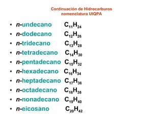 Continuación de Hidrocarburos nomenclatura UIQPA n - undecano   C 11 H 24 n - dodecano   C 12 H 26 n - tridecano   C 13 H 28 n - tetradecano   C 14 H 30 n - pentadecano   C 15 H 32 n - hexadecano   C 16 H 34 n - heptadecano   C 17 H 36 n - octadecano   C 18 H 38 n - nonadecano   C 19 H 40 n - eicosano   C 20 H 42 