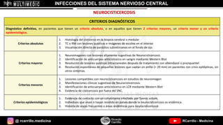 @ rcarrillo.medicina RCarrillo - Medicina
INFECCIONES DEL SISTEMA NERVIOSO CENTRAL
NEUROCISTICERCOSIS
CRITERIOS DIAGNÓSTICOS
Diagnóstico definitivo, en pacientes que tienen un criterio absoluto, o en aquellos que tienen 2 criterios mayores, un criterio menor y un criterio
epidemiológico.
Criterios absolutos
1. Histología del cisticerco en la biopsia cerebral o medular
2. TC o RM con lesiones quísticas e imágenes de escólex en el interior
3. Visualización directa de parásitos subretinianos en el fondo de ojo
Criterios mayores
1. Neuroimagenes con lesiones altamente sugestivas de Neurocisticercosis
2. Identificación de anticuerpos anticisticerco en sangre mediante Western Blot
3. Resolución de lesiones quísticas intracraneales después de tratamiento con albendazol o praziquantel
4. Resolución espontánea de pequeñas lesiones que captan en anillo (< 20 mm) en pacientes con crisis epilépticas, sin
otros síntomas.
Criterios menores
1. Lesiones compatibles con neurocisticercosis en estudios de neuroimagen
2. Manifestaciones clínicas sugestivas de Neurocisticercosis
3. Identificación de anticuerpos anticisticerco en LCR mediante Western Blot
4. Evidencia de cisticercosis por fuera del SNC.
Criterios epidemiológicos
1. Evidencia de contacto con un cohabitante infectado por Taenia solium.
2. Individuos que vivan o hayan residido en países donde la neurocisticercosis es endémica.
3. Historia de viajes frecuentes a áreas endémicas para neurocisticercosis
 