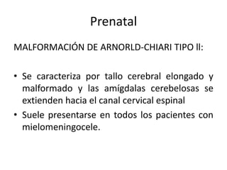 Prenatal
MALFORMACIÓN DE ARNORLD-CHIARI TIPO ll:

• Se caracteriza por tallo cerebral elongado y
  malformado y las amígdalas cerebelosas se
  extienden hacia el canal cervical espinal
• Suele presentarse en todos los pacientes con
  mielomeningocele.
 