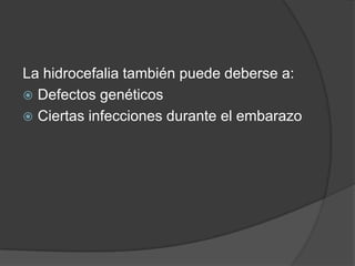 La hidrocefalia también puede deberse a:
 Defectos genéticos
 Ciertas infecciones durante el embarazo
 