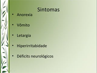 Sintomas 
• Anorexia 
• Vômito 
• Letargia 
• Hiperirritabidade 
• Déficits neurológicos 
 