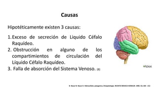 Causas
Hipotéticamente existen 3 causas:
1.Exceso de secreción de Liquido Céfalo
Raquídeo.
2. Obstrucción en alguno de los
compartimientos de circulación del
Líquido Céfalo Raquídeo.
3. Falla de absorción del Sistema Venoso. (8)
8. Nazar N. Nazar D. Hidrocefalia: patogenia y fisiopatología. REVISTA MEDICA HONDUR. 1985: 53; 203 - 212
 