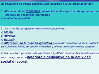 a) Desarrollo de déficit cognoscitivos múltiples que se manifiestan por:
1. Alteración de la memoria: alteración en la capacidad de aprender nuev
información o recordar información
previamente aprendida.
2. Una o más de las siguientes alteraciones cognoscitivas:
a) Afasia.
b) Apraxia.
c) Agnosia.
d) Alteración de la función ejecutiva (capacidad para el pensamiento abstracto
para planificar, iniciar, secuenciar, monitorizar y detener un comportamiento complejo).
b) Los defectos cognoscitivos de los criterios A1 y A2 han de ser de la suficiente intensida
como para provocar un deterioro significativo de la actividad
social o laboral.
 