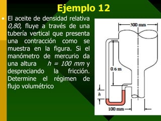Ejemplo 12
• El aceite de densidad relativa
0,80, fluye a través de una
tubería vertical que presenta
una contracción como se
muestra en la figura. Si el
manómetro de mercurio da
una altura h = 100 mm y
despreciando la fricción.
Determine el régimen de
flujo volumétrico
 