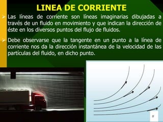 LINEA DE CORRIENTE
 Las líneas de corriente son líneas imaginarias dibujadas a
través de un fluido en movimiento y que indican la dirección de
éste en los diversos puntos del flujo de fluidos.
 Debe observarse que la tangente en un punto a la línea de
corriente nos da la dirección instantánea de la velocidad de las
partículas del fluido, en dicho punto.
 