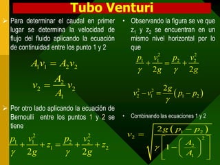 Tubo Venturi
 Para determinar el caudal en primer      • Observando la figura se ve que
  lugar se determina la velocidad de         z1 y z2 se encuentran en un
  flujo del fluido aplicando la ecuación     mismo nivel horizontal por lo
  de continuidad entre los punto 1 y 2       que
                                                           2               2
                                                 p1 v   p2 v
          A1v1  A2 v2                                  1               2

                                                  2g  2g
               A2
          v2     v2                                           2g
               A1                               v v 
                                                 2     2
                                                                     p1  p2 
                                                 2     1
                                                               
 Por otro lado aplicando la ecuación de
  Bernoulli entre los puntos 1 y 2 se      •   Combinando las ecuaciones 1 y 2
  tiene                                                    2 g  p1  p2 
          2                   2                v2 
  p1 v        p2 v                                                A2  
                                                                        2
       z1 
          1
                   z2       2
                                                            1       
   2g         2g                                           
                                                                  A  
                                                                     1    
 