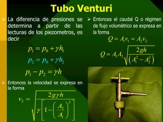 Tubo Venturi
 La diferencia de presiones se  Entonces el caudal Q o régimen
  determina a partir de las       de flujo volumétrico se expresa en
  lecturas de los piezometros, es la forma
  decir                                   Q  A1v1  A2v2
            p1  p0   h1                                2 gh
                                         Q  A1 A2
            p2  p0   h2                             A12  A2 
                                                               2



           p1  p2   h
 Entonces la velocidad se expresa en
  la forma
                     2 g h
       v2 
                   A 2 
                1   2  
                   A1  
                           
 