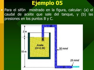 Ejemplo 05
• Para el sifón mostrado en la figura, calcular: (a) el
  caudal de aceite que sale del tanque, y (b) las
  presiones en los puntos B y C.
 