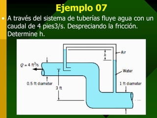 Ejemplo 07
• A través del sistema de tuberías fluye agua con un
  caudal de 4 pies3/s. Despreciando la fricción.
  Determine h.
 