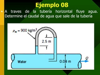 Ejemplo 08
• A traves de la tubería horizontal fluye agua.
  Determine el caudal de agua que sale de la tubería
 