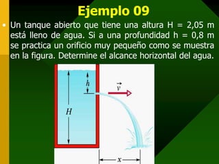 Ejemplo 09
• Un tanque abierto que tiene una altura H = 2,05 m
  está lleno de agua. Si a una profundidad h = 0,8 m
  se practica un orificio muy pequeño como se muestra
  en la figura. Determine el alcance horizontal del agua.
 