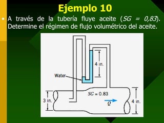 Ejemplo 10
• A través de la tubería fluye aceite (SG = 0,83).
  Determine el régimen de flujo volumétrico del aceite.
 