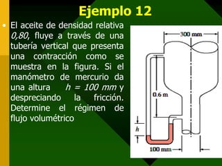 Ejemplo 12
• El aceite de densidad relativa
  0,80, fluye a través de una
  tubería vertical que presenta
  una contracción como se
  muestra en la figura. Si el
  manómetro de mercurio da
  una altura     h = 100 mm y
  despreciando      la  fricción.
  Determine el régimen de
  flujo volumétrico
 