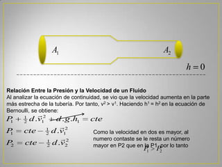 0h
1A 2A
Relación Entre la Presión y la Velocidad de un Fluido
Al analizar la ecuación de continuidad, se vio que la velocidad aumenta en la parte
más estrecha de la tubería. Por tanto, v2 > v1. Haciendo h1 = h2 en la ecuación de
Bernoulli, se obtiene:
Como la velocidad en dos es mayor, al
numero contaste se le resta un número
mayor en P2 que en la P1, por lo tanto
2
22
1
2
2
12
1
1
1
2
12
1
1
.
.
...
vdcteP
vdcteP
ctehgdvdP



21 PP
 