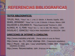 REFERENCIAS BIBLIOGRAFICAS
TEXTOS BIBLIOGRAFICOS:
TIPLER, PAUL. “Física”. Vol. I y Vol. II Edición. 4. Reverte. España 2001.
SEARS, ZEMANSKY “Física” Vol. I y Vol. II Edición. 9 Person. México 1999
SALVADOR G.-EDUARDO R. “Física Experimental” Prentice H., 2002
ALONSO, M. E, FINN “Física” Vol. I y Vol. II. Edit. FEI: México. - 1994
DOUGLAS C. GIANCOLI “FÍSICA PARA INGENIEROS” 3ra EDICIÓN - 2001
DIRECCIONES DE INTERNET A CONSULTAR:
http://www.maizales.unal.edu (Temas sobre el curso de Física).
http://www. iso. Ch / infoe/ sitemap .htm. (Tratamiento estadístico).
http:// Phycis . nist. gov / cuu/ uncertainty / index .htm. (Tratamiento
estadístico de datos).
http://www. físicarecreativa. com (Prácticas de laboratorio).
 