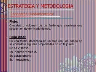 ESTRATEGIA Y METODOLOGIA
Conceptos Fundamentales:
 Flujo:
Cantidad o volumen de un fluido que atraviesa una
sección en determinado tiempo.
 Flujo ideal:
Es una forma idealizada de un flujo real; en donde no
se considera algunas propiedades de un flujo real.
No es viscoso.
Es incomprensible.
Es estacionario.
Es irrotacional.
 