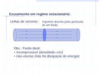 Escoamento em regime estacionário:

Linhas de corrente:   trajetória descrita pelas partículas
                      de um fluido.




  Obs.: Fluido ideal:
  • incompressível (densidade=cte)
  • não-viscoso (não há dissipação de energia)
 