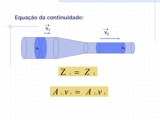 Equação da continuidade:

            v1
                               v2

       A1                           A2




                  Z = Z
                      1    2




                 A .v = A .v
                  1   1    2   2
 