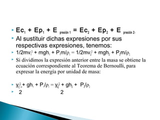  Ec1 + Ep1 + E presión 1 = Ec2 + Ep2 + E presión 2-
 Al sustituir dichas expresiones por sus
respectivas expresiones, tenemos:
 1/2mv1
2
+ mgh1 + P1m/ρ1 = 1/2mv2
2
+ mgh2 + P2m/ρ2.
 Si dividimos la expresión anterior entre la masa se obtiene la
ecuación correspondiente al Teorema de Bernoulli, para
expresar la energía por unidad de masa:
 v1
2
+ gh1 + P1/ρ1 = v2
2
+ gh2 + P2/ρ2.
 2 2
 