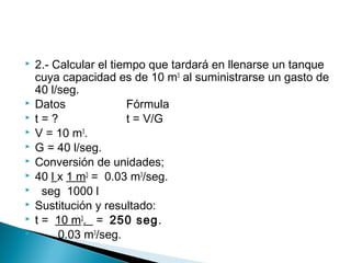  2.- Calcular el tiempo que tardará en llenarse un tanque
cuya capacidad es de 10 m3
al suministrarse un gasto de
40 l/seg.
 Datos Fórmula
 t = ? t = V/G
 V = 10 m3
.
 G = 40 l/seg.
 Conversión de unidades;
 40 l x 1 m3
= 0.03 m3
/seg.
 seg 1000 l
 Sustitución y resultado:
 t = 10 m3
. = 250 seg.
 0.03 m3
/seg.
 
