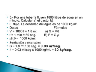  5.- Por una tubería fluyen 1800 litros de agua en un
minuto. Calcular a) el gasto. b)
 El flujo. La densidad del agua es de 1000 kg/m3
.
 Datos Fórmulas
 V = 1800 l = 1.8 m3
. a) G = V/t
 t = 1 min = 60 seg. B) F = G ρ
 ρH20 = 1000 kg/m3
.
 Sustitución y resultados:
 G = 1.8 m3
./ 60 seg. = 0.03 m3
/seg.
 F = 0.03 m3
/seg x 1000 kg/m3
. = 30 kg/seg.

 