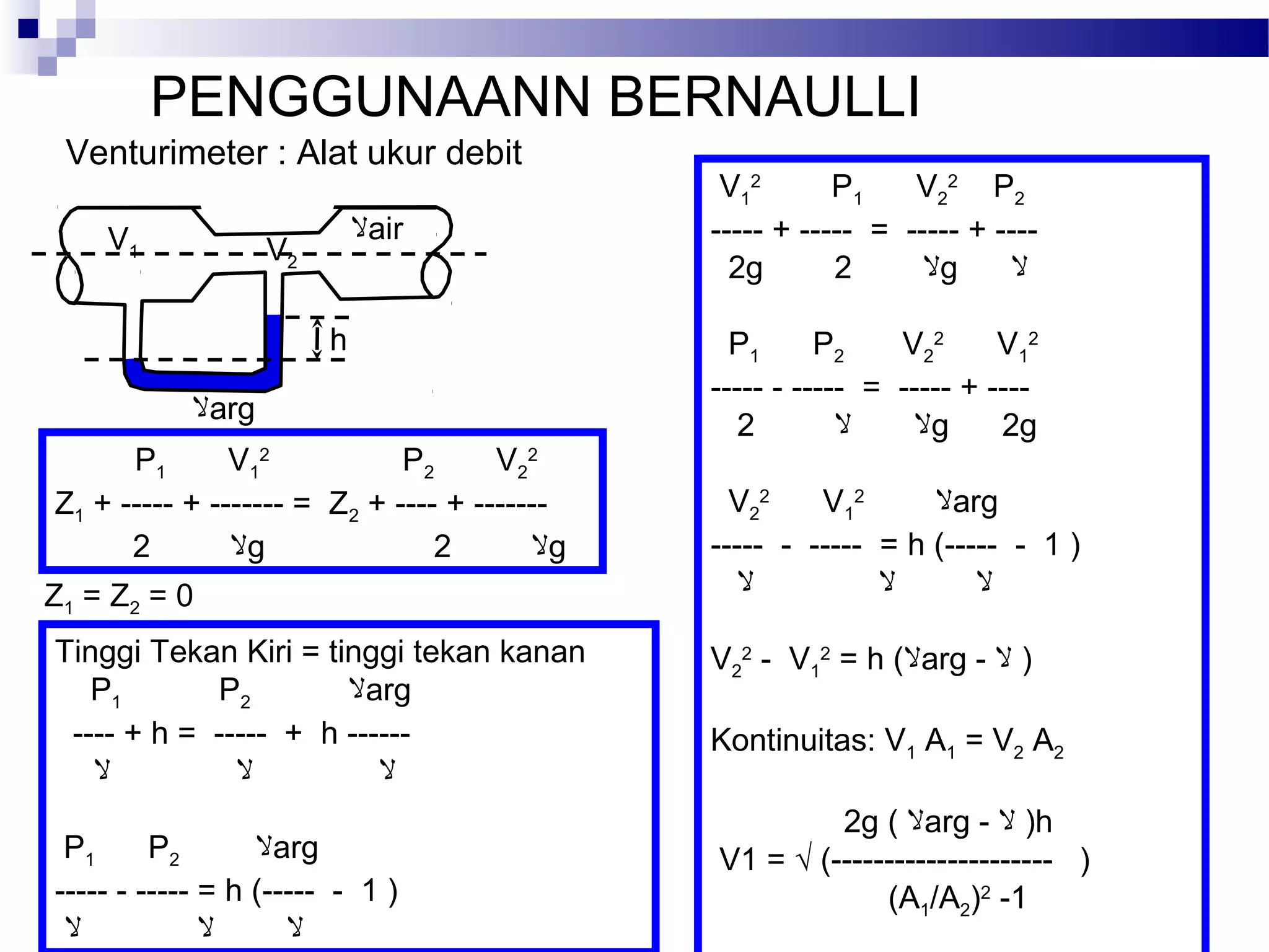 PENGGUNAANN BERNAULLI
Venturimeter : Alat ukur debit
P1 V1
2
P2 V2
2
Z1 + ----- + ------- = Z2 + ---- + -------
‫ﻻ‬2 g ‫ﻻ‬2 g
h
V1 V2
‫ﻻ‬arg
‫ﻻ‬air
V1
2
P1 V2
2
P2
----- + ----- = ----- + ----
2g ‫ﻻ‬2 g ‫ﻻ‬
P1 P2 V2
2
V1
2
----- - ----- = ----- + ----
‫ﻻ‬‫ﻻ‬2 g 2g
V2
2
V1
2
‫ﻻ‬arg
----- - ----- = h (----- - 1 )
‫ﻻ‬‫ﻻ‬‫ﻻ‬
V2
2
- V1
2
= h (‫ﻻ‬arg - ‫ﻻ‬ )
Kontinuitas: V1 A1 = V2 A2
2g ( ‫ﻻ‬arg - ‫ﻻ‬ )h
V1 = √ (--------------------- )
(A1/A2)2
-1
Z1 = Z2 = 0
Tinggi Tekan Kiri = tinggi tekan kanan
P1 P2 ‫ﻻ‬arg
---- + h = ----- + h ------
‫ﻻ‬‫ﻻ‬‫ﻻ‬
P1 P2 ‫ﻻ‬arg
----- - ----- = h (----- - 1 )
‫ﻻ‬‫ﻻ‬‫ﻻ‬
 