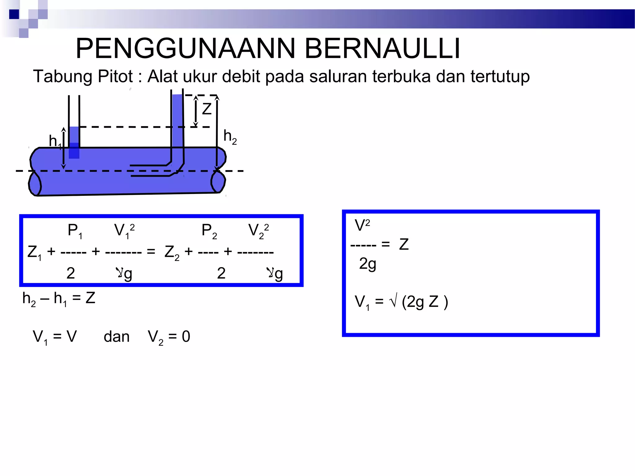 PENGGUNAANN BERNAULLI
Tabung Pitot : Alat ukur debit pada saluran terbuka dan tertutup
P1 V1
2
P2 V2
2
Z1 + ----- + ------- = Z2 + ---- + -------
‫ﻻ‬2 g ‫ﻻ‬2 g
Z
h1
V2
----- = Z
2g
V1 = √ (2g Z )h2 – h1 = Z
h2
V1 = V dan V2 = 0
 