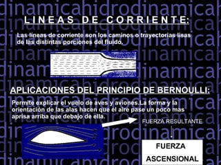 L I N E A S  D E  C O R R I E N T E: Las líneas de corriente son los caminos o trayectorias lisas de las distintas porciones del fluido.  APLICACIONES DEL PRINCIPIO DE BERNOULLI: Permite explicar el vuelo de aves y aviones.La forma y la orientación de las alas hacen que el aire pase un poco mas aprisa arriba que debajo de ella. FUERZA RESULTANTE FUERZA ASCENSIONAL 