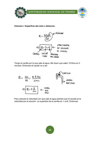 UNIVERSIDAD NACIONAL DE TUMBES
11
Volumen = Superficie del caño x distancia.
Tengo la canilla por la que sale el agua. Me dicen que salen 10 litros en 2
minutos. Entonces el caudal va a ser:
Para calcular la velocidad con que sale el agua planteo que el caudal es la
velocidad por la sección. La superficie de la canilla es 1 cm2. Entonces:
 