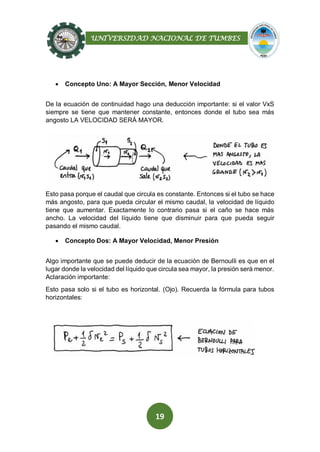 UNIVERSIDAD NACIONAL DE TUMBES
19
 Concepto Uno: A Mayor Sección, Menor Velocidad
De la ecuación de continuidad hago una deducción importante: si el valor VxS
siempre se tiene que mantener constante, entonces donde el tubo sea más
angosto LA VELOCIDAD SERÁ MAYOR.
Esto pasa porque el caudal que circula es constante. Entonces si el tubo se hace
más angosto, para que pueda circular el mismo caudal, la velocidad de líquido
tiene que aumentar. Exactamente lo contrario pasa si el caño se hace más
ancho. La velocidad del líquido tiene que disminuir para que pueda seguir
pasando el mismo caudal.
 Concepto Dos: A Mayor Velocidad, Menor Presión
Algo importante que se puede deducir de la ecuación de Bernoulli es que en el
lugar donde la velocidad del líquido que circula sea mayor, la presión será menor.
Aclaración importante:
Esto pasa solo si el tubo es horizontal. (Ojo). Recuerda la fórmula para tubos
horizontales:
 
