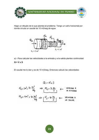UNIVERSIDAD NACIONAL DE TUMBES
23
Hago un dibujito de lo que plantea el problema. Tengo un caño horizontal por
donde circula un caudal de 10 m3/seg de agua.
a) - Para calcular las velocidades a la entrada y a la salida planteo continuidad:
Q = V x S
El caudal me lo dan y es de 10 m3/seg. Entonces calculo las velocidades:
 