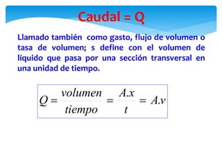 Caudal = Q
Llamado también como gasto, flujo de volumen o
tasa de volumen; s define con el volumen de
líquido que pasa por una sección transversal en
una unidad de tiempo.
vA
t
xA
tiempo
volumen
Q .
.

 