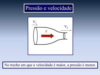 Pressão e velocidade
No trecho em que a velocidade é maior, a pressão é menor.
V1
V2
F
 