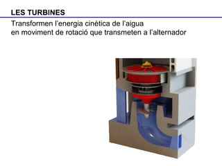 LES TURBINES Transformen l’energia cinètica de l’aigua en moviment de rotació que transmeten a l’alternador 