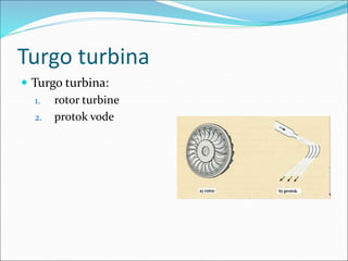 Turgo turbina
 Turgo turbina:
1. rotor turbine
2. protok vode
 