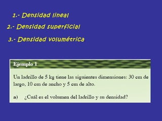 1.- Densidad lineal
2.- Densidad superficial
3.- Densidad volumétrica.
 