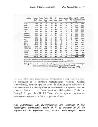 Apuntes de Hidrogeología 2006    Prof. Fermín Villarroya 9




Los datos climáticos (precipitación, temperatura y evapotranspiración)
se consiguen en el Instituto Meteorológico Nacional (Ciudad
Universitaria), mientras que los datos de aforo pueden solicitarse al
Centro de Estudios Hidrográficos (Paseo bajo de la Virgen del Puerto)
y en su defecto en las Confederaciones Hidrográficas (Avda. de
Portugal, 81 para la CH del Tajo); además algunos organismos
autonómicos disponen de datos propios de aforos.


Año hidrológico, año meteorológico, año agrícola: el año
hidrológico comprende desde el 1º de octubre al 30 de
septiembre del siguiente año, el año meteorológico suele
 