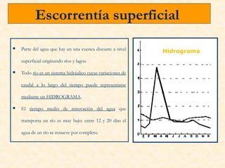 Escorrentía superficial

   Parte del agua que hay en una cuenca discurre a nivel    Hidrograma
    superficial originando ríos y lagos.

   Todo río es un sistema hidráulico cuyas variaciones de

    caudal a lo largo del tiempo puede representarse

    mediante un HIDROGRAMA.

   El tiempo medio de renovación del agua que

    transporta un río es muy bajo: entre 12 y 20 días el

    agua de un río se renueve por completo.
 