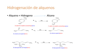 Hidrogenación de alquenos
• Alqueno + Hidrogeno Alcano
+ H2
Pt
C
H3
C
H3
C
H3
C
H3
Cl
C
H3
CH3
+ H2
Pt
Cl
C
H3
CH3
C
H3
C
H3 CH3
CH3
CH3
+ H2
Pt
C
H3
C
H3 CH3
CH3
CH3
3-etil-5-metil-ciclohexeno 1-etil-3-metil-ciclohexano
4-cloro-2-penteno
2-cloro-pentano
5-terpentil-2-hepteno 3-terpentil-heptano
 