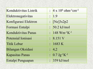 Konduktivitas Listrik : 4 x 106 ohm-1cm-1
Elektronegativitas : 1.9
Konfigurasi Elektron : [Ne]3s2p2
Formasi Entalpi : 50.2 kJ/mol
Konduktivitas Panas : 148 Wm-1K-1
Potensial Ionisasi : 8.151 V
Titik Lebur : 1683 K
Bilangan Oksidasi : 4,2
Kapasitas Panas : 0.7 Jg-1K-1
Entalpi Penguapan : 359 kJ/mol
 