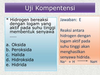 Uji Kompentensi
* Hidrogen bereaksi
dengan logam yang
aktif pada suhu tinggi
membentuk senyawa
……
a. Oksida
b. Peroksida
c. Halida
d. Hidroksida
e. Hidrida
Jawaban: E
Reaksi antara
hidrogen dengan
logam aktif pada
suhu tinggi akan
menghasilkan
senyawa hidrida.
Na+ + H NaH
 