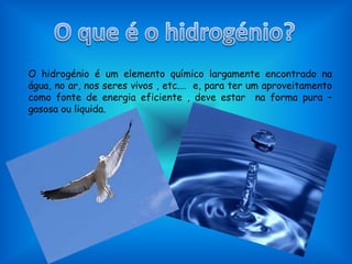 O que é o hidrogénio?O hidrogénio é um elemento químico largamente encontrado na água, no ar, nos seres vivos , etc.…  e, para ter um aproveitamento como fonte de energia eficiente , deve estar  na forma pura – gasosa ou liquida.