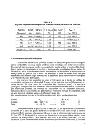 TABLA III
    Algunos importantes compuestos intermetálicos formadores de hidruros

          Familia    Metal    Hidruro     H % masa kgr H2 m-3             Peq. , T
       Elemental      Mg       MgH2          7,6         110        1 bar, 573 K
           AB5       LaNi5    LaNi5H6.5      1,37        115        2 bar, 298 K
           AB2       ZrV2     ZrV2H5.5       3.01                   10-8 bar, 323 K
            AB       FeTi     FeTiH1.9       1,89        112        5 bar, 303 K
           A 2B      Mg2Ni    Mg2NiH4        3,59        97         1 bar, 555 K
      AB2 (b.c.c.)   TiV2      TiV2H4        2,6                    10 bar, 313



5. Usos potenciales del hidrógeno

        Los motores de vehículos y hornos pueden ser adaptados para utilizar hidrógeno
como combustible con muy pocos cambios en la tecnología del motor convencional.
Quemar hidrógeno produce mucho menos polución que la nafta o el combustible diesel.
Como ya hemos mencionado el hidrógeno tiene una alta velocidad de llama, límites de
flamabilidad altos, además presenta alta temperatura de detonación, y necesita menos
energía para su ignicion que la nafta. Sin embargo, a pesar de todas estas ventajas
sobre las naftas falta un largo camino para el desarrollo de la producción del hidrógeno
y la infraestructura de distribución.
        Una manera más accesible de usar el hidrógeno es a través de celdas de
combustible que tiene una eficiencia 2,5 veces mayor que si se quema hidrógeno en un
motor térmico. En una celda de combustible (ver esquema abajo), los reactivos
(hidrógeno y oxígeno del aire) alimentan a los correspondientes electrodos, constituidos
por materiales porosos los mismos se encuentran en un electrolito adecuado,
estableciéndose una diferencia de potencial que mantiene un flujo de electrones, esto
es, una corriente eléctrica, que puede efectuar trabajo útil.
Las reacciones que ocurren en la celda con electrolito ácido son las siguientes:

Ánodo:                             H2            →          2H+ + 2e-              (1)
Cátodo:                      1/2O2 + 2H+ + 2e-   →          H2O                    (2)
Total                           H2 +1/2 O2       →          H2O                    (3)

      Como puede verse, el producto de la reacción (3) es agua que no contamina el
ambiente. En la celda se genera también una cierta cantidad de calor debido al cambio
entrópico (T∆S) asociado a la reacción (3), por lo cual la eficiencia máxima intrínseca es
91 % a 150 °C. En la práctica, cuando se drenan corrientes apreciables, existen otras
pérdidas de energía como calor liberado, asociadas a los sobrepotenciales, que son
causados por la irreversibilidad de las reacciones que ocurren en la celda y a caídas

                                                                                           7
 