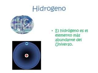 Hidrogeno


     • El hidrógeno es el
       elemento más
       abundante del
       Universo.
 