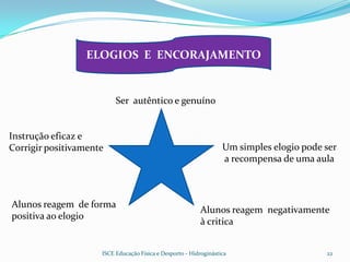 ELOGIOS E ENCORAJAMENTO


                          Ser autêntico e genuíno


Instrução eficaz e
Corrigir positivamente                                             Um simples elogio pode ser
                                                                   a recompensa de uma aula



Alunos reagem de forma
                                                           Alunos reagem negativamente
positiva ao elogio
                                                           à critica


                     ISCE Educação Física e Desporto - Hidroginástica                     22
 