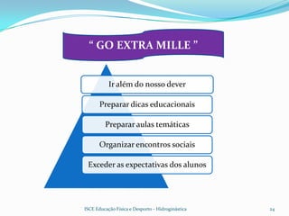 “ GO EXTRA MILLE ”


           Ir além do nosso dever

       Preparar dicas educacionais

         Preparar aulas temáticas

       Organizar encontros sociais

 Exceder as expectativas dos alunos




ISCE Educação Física e Desporto - Hidroginástica   24
 