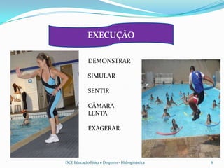 EXECUÇÃO

             DEMONSTRAR

             SIMULAR

             SENTIR

             CÂMARA
             LENTA

             EXAGERAR




ISCE Educação Física e Desporto - Hidroginástica   8
 